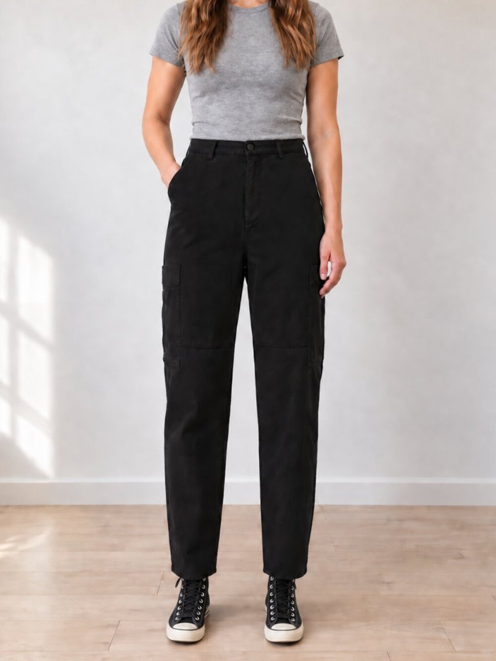 AG Renn Utility High-Rose Barrel Jeans, Black, Size 27